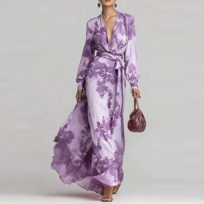 Adele - Women's Belted Maxi Dress with a Deep Neckline