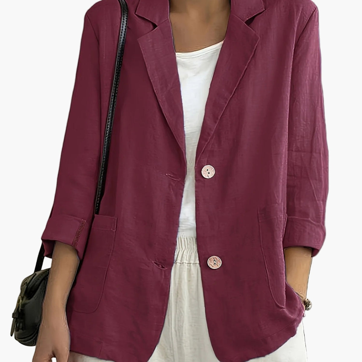 Antonia - Women's Two-Button Blazer with Roll-Up Sleeves in Dark Red