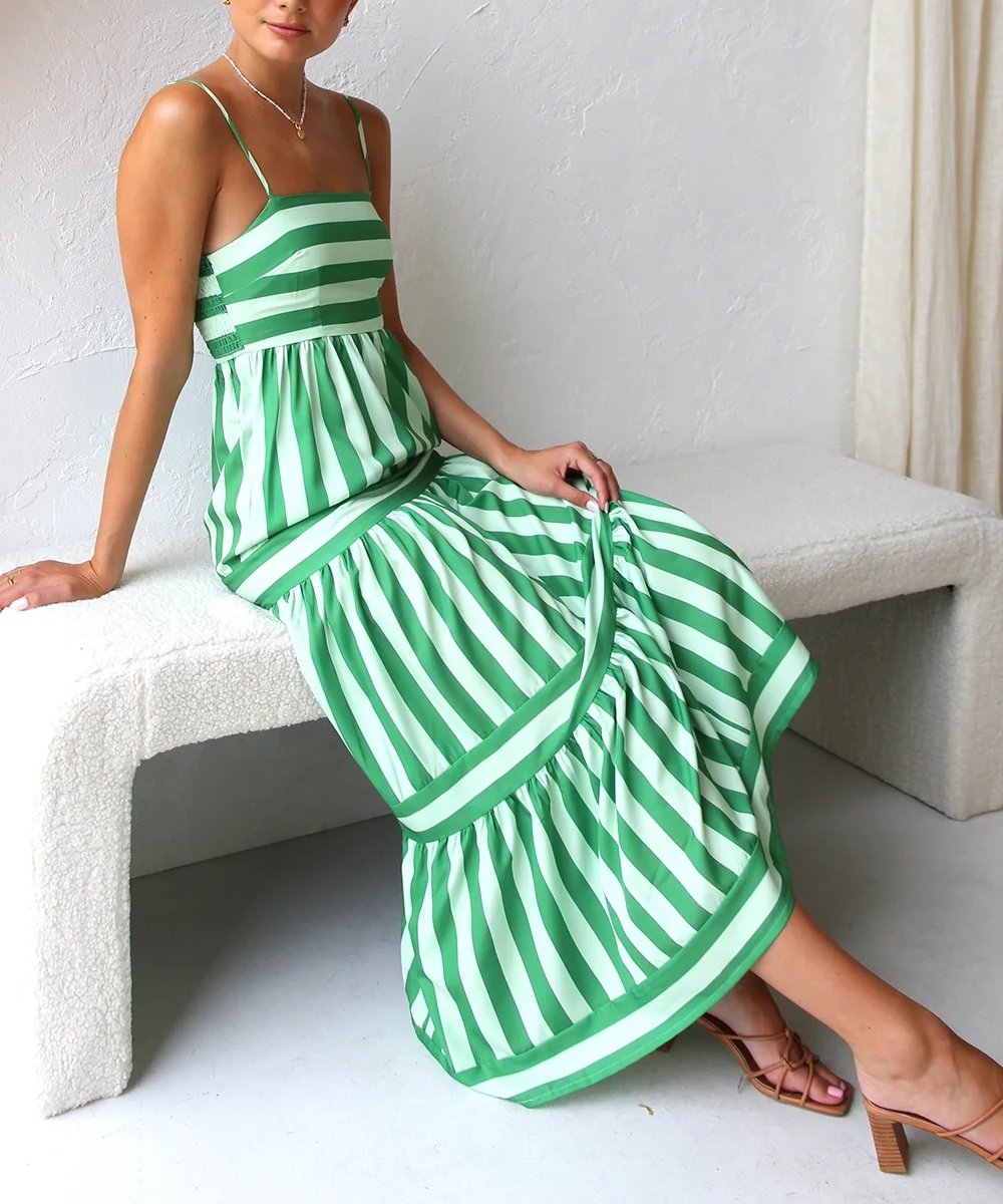 Harley - Women's Striped Tiered Midi Dress Cotton Blend for Casual Elegance