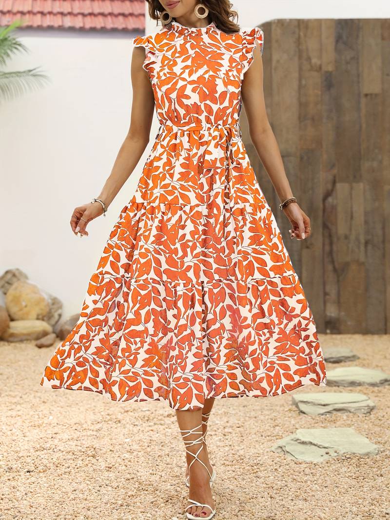 Eleanor - Women's Ruffled Sleeve Leaf Print Summer Dress with Belt