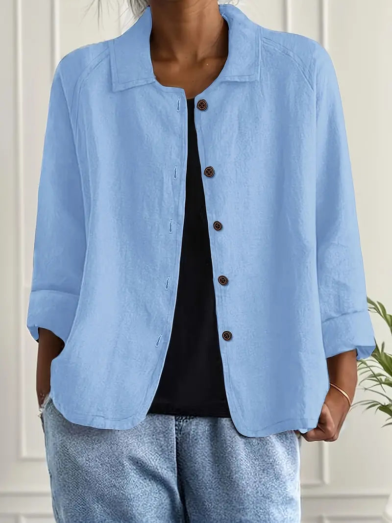 Women's linen-look button front overshirt in light blue