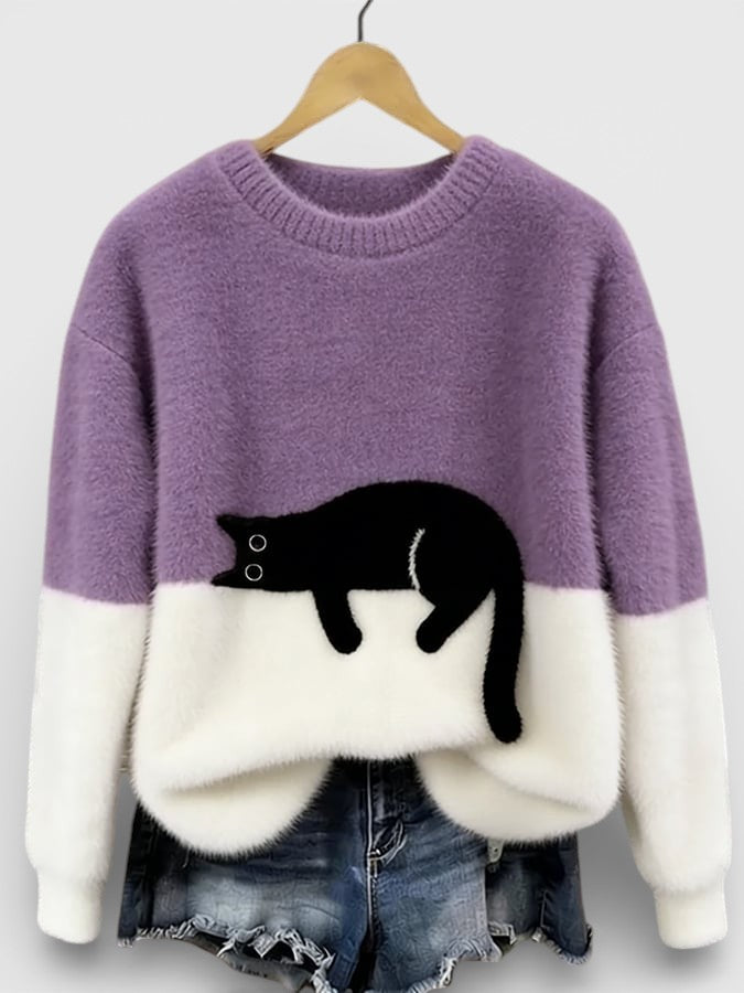 Cassidy - Women's Jumper in Colour Block with Cat Print - photo 1