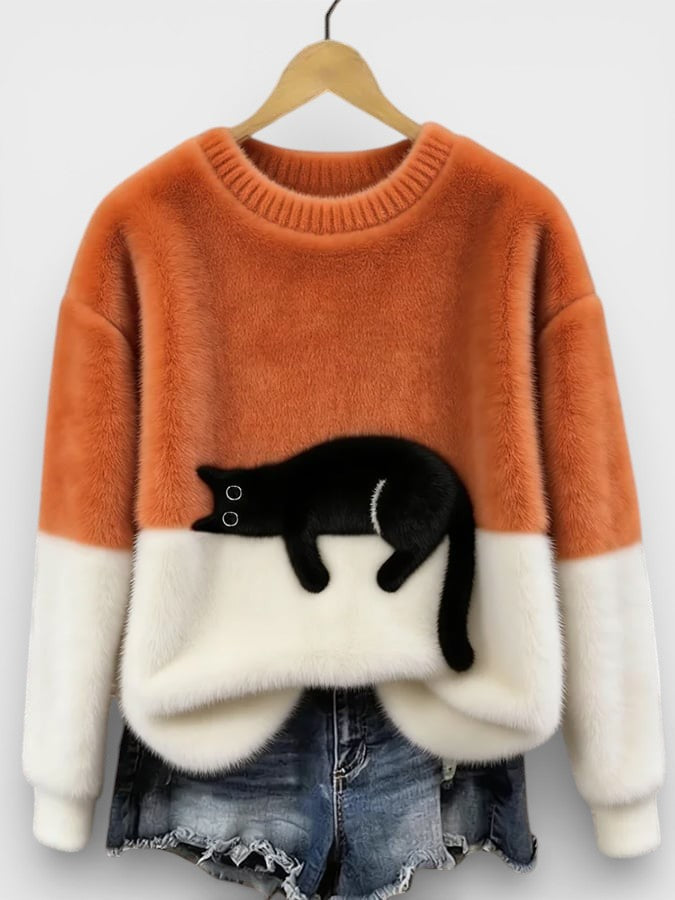 Cassidy - Women's Jumper in Colour Block with Cat Print - photo 2