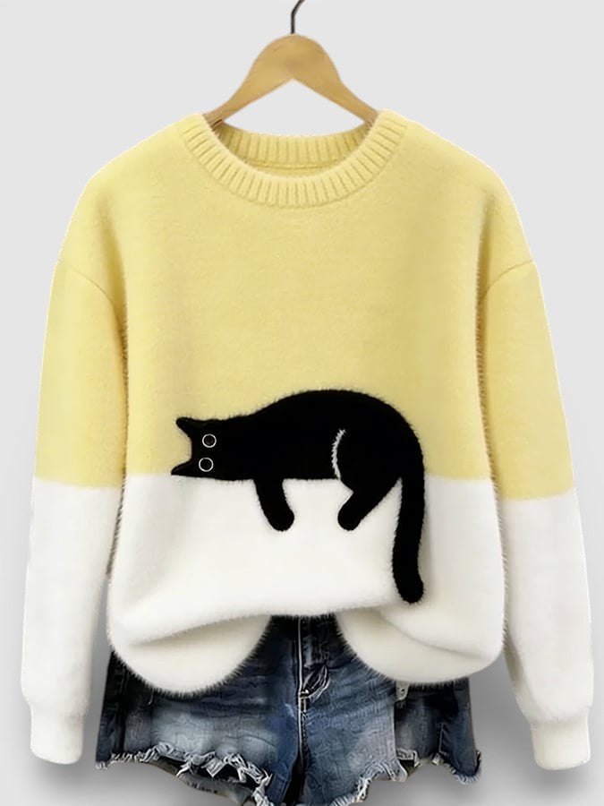 Cassidy - Women's Jumper in Colour Block with Cat Print - photo 6