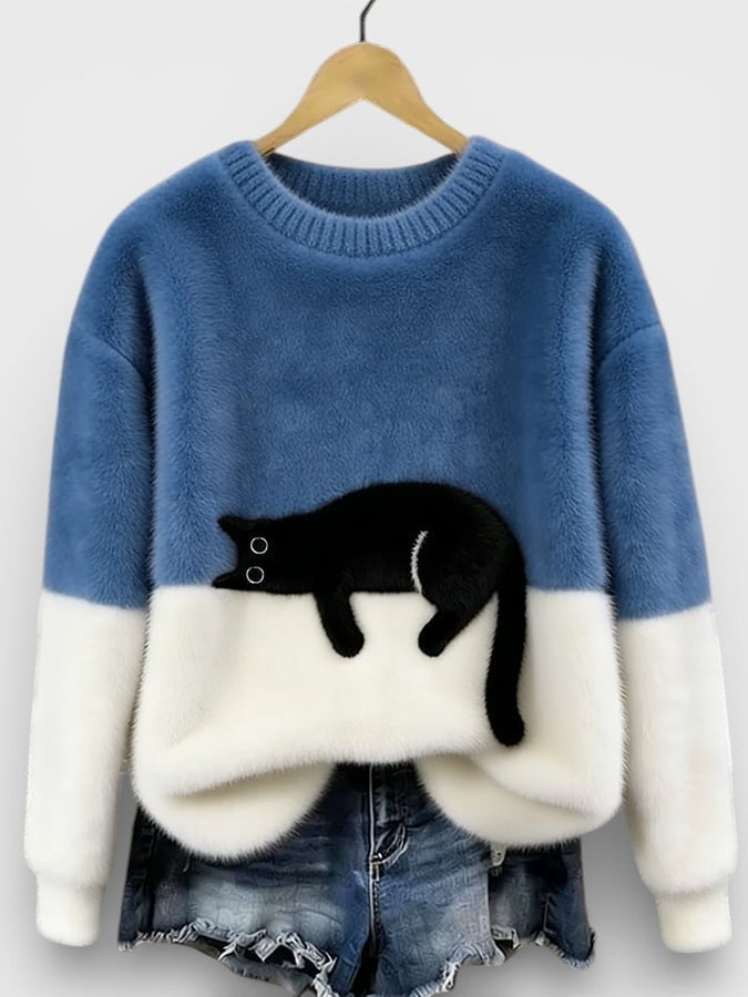 Cassidy - Women's Jumper in Colour Block with Cat Print - photo 8