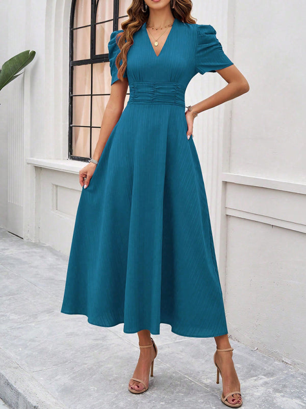 Cecily - Women's V-Neck Midi Dress with Puff Sleeves and Ruched Waist - photo 17