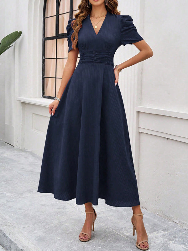 Cecily - Women's V-Neck Midi Dress with Puff Sleeves and Ruched Waist - photo 19