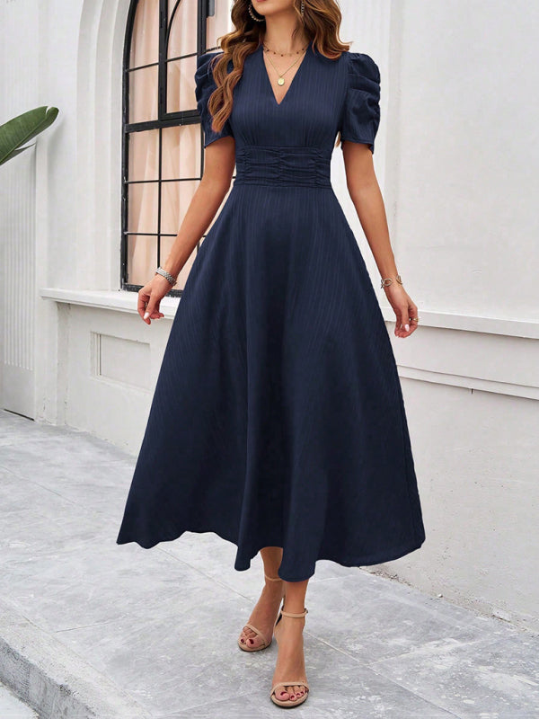 Cecily - Women's V-Neck Midi Dress with Puff Sleeves and Ruched Waist - photo 21