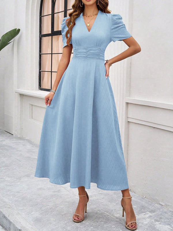 Cecily - Women's V-Neck Midi Dress with Puff Sleeves and Ruched Waist - photo 24