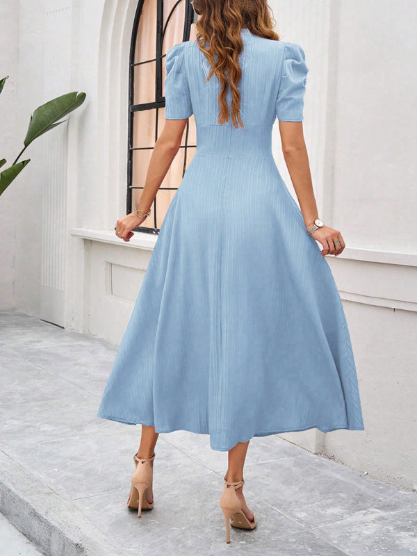 Cecily - Women's V-Neck Midi Dress with Puff Sleeves and Ruched Waist - photo 25