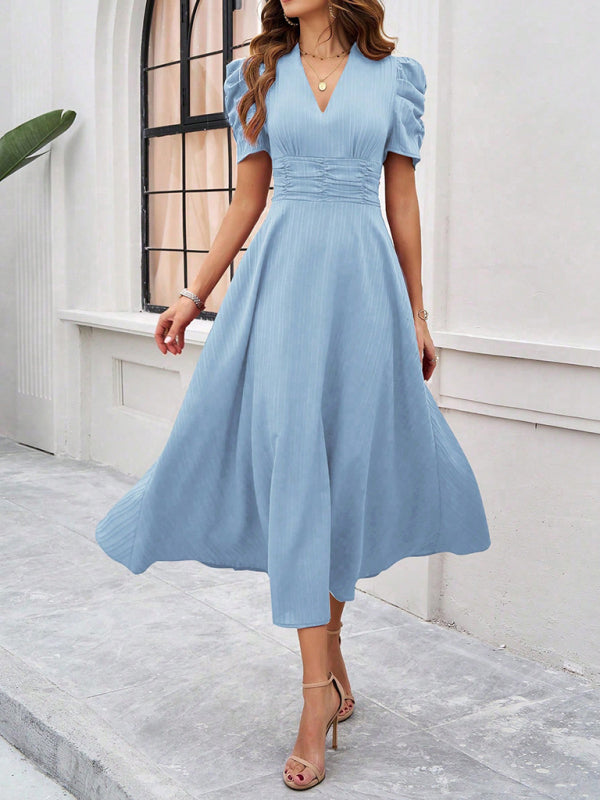 Cecily - Women's V-Neck Midi Dress with Puff Sleeves and Ruched Waist - photo 26