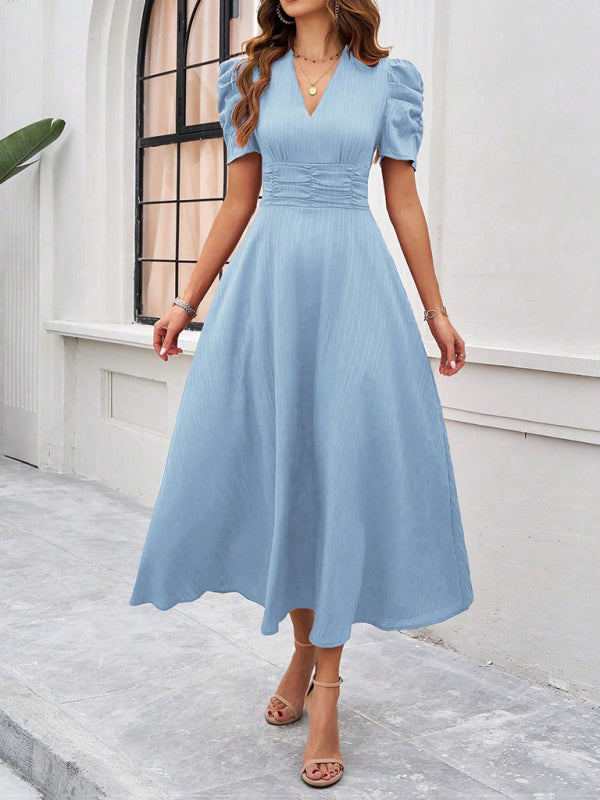 Cecily - Women's V-Neck Midi Dress with Puff Sleeves and Ruched Waist - photo 28
