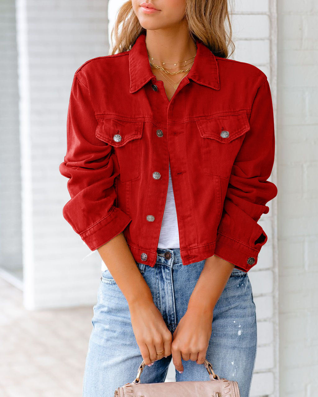 Chelsea - Women's Cropped Denim Jacket with Button Front - photo 6