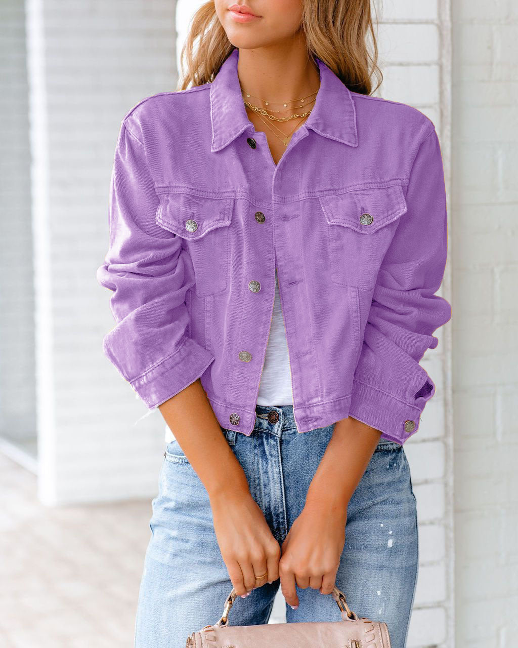 Chelsea - Women's Cropped Denim Jacket with Button Front - photo 8