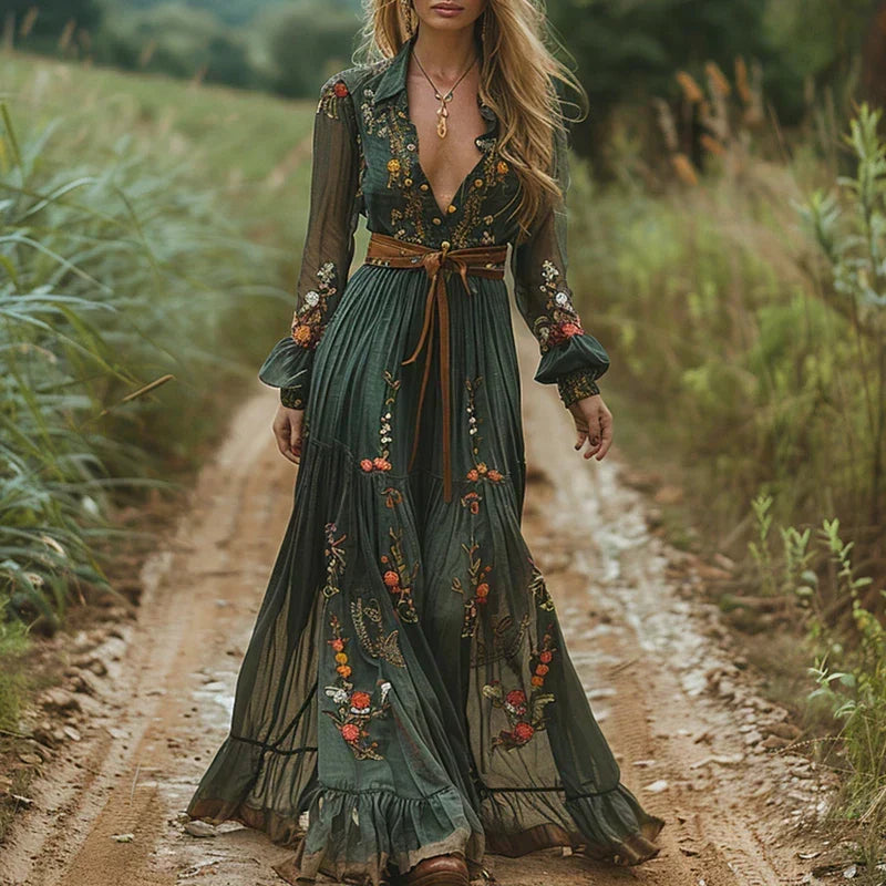 Jodie - Women's Embroidered Maxi Dress with a Belt