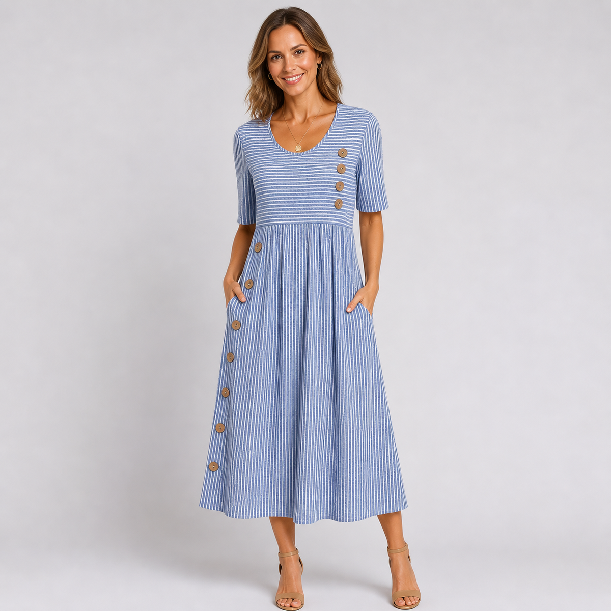 Cleo - Women's Midi Dress in Stripe with Button Front - photo 1