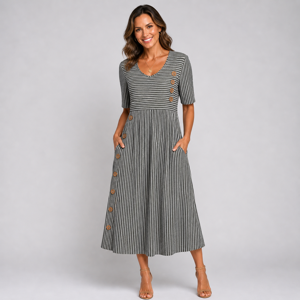 Cleo - Women's Midi Dress in Stripe with Button Front - photo 2
