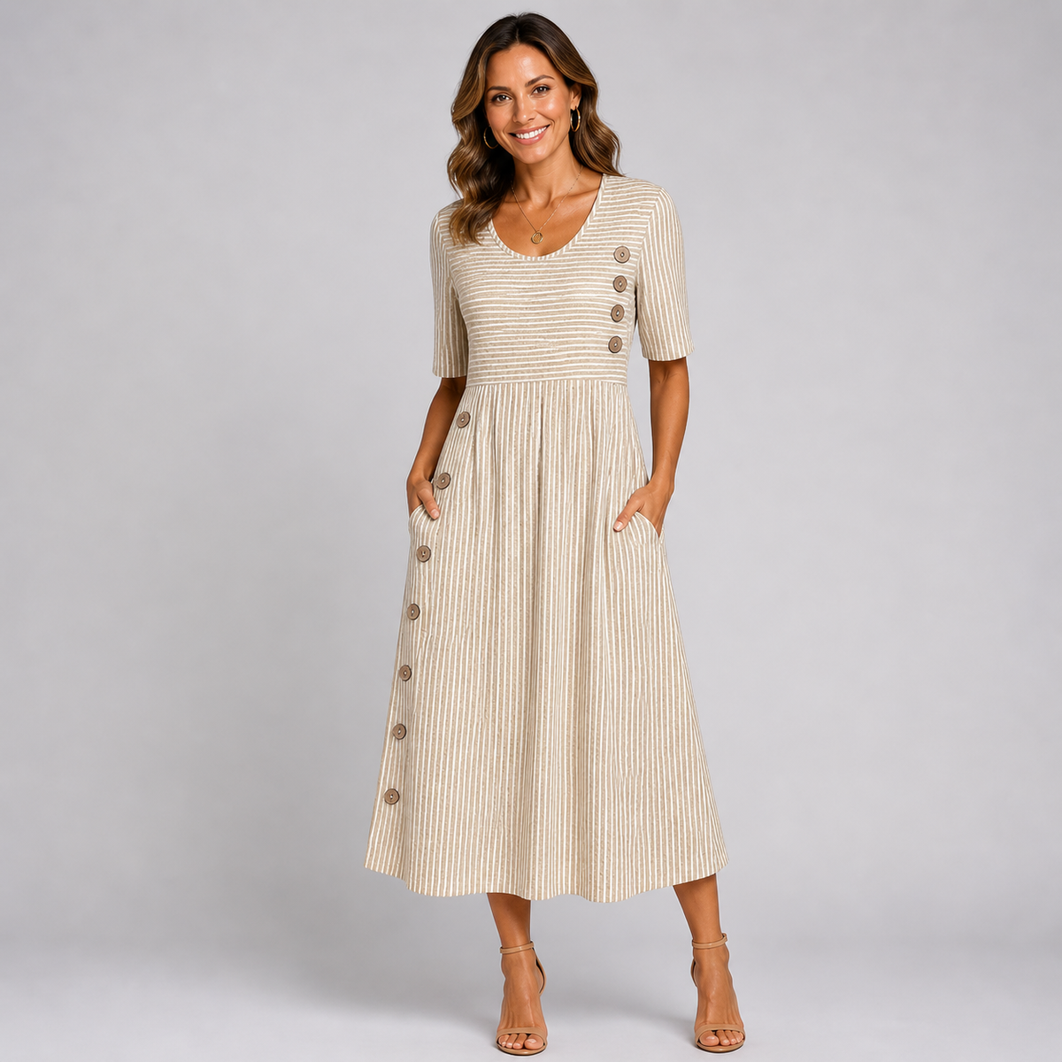 Cleo - Women's Midi Dress in Stripe with Button Front - photo 3
