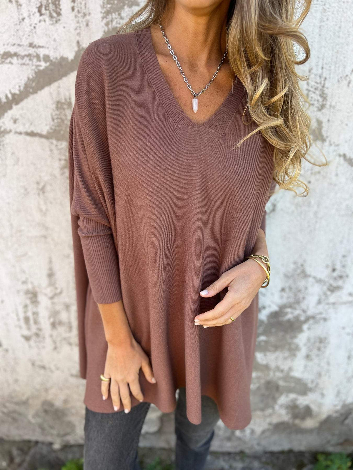 Cora - Women's Oversized V-neck Tunic Sweater - photo 2