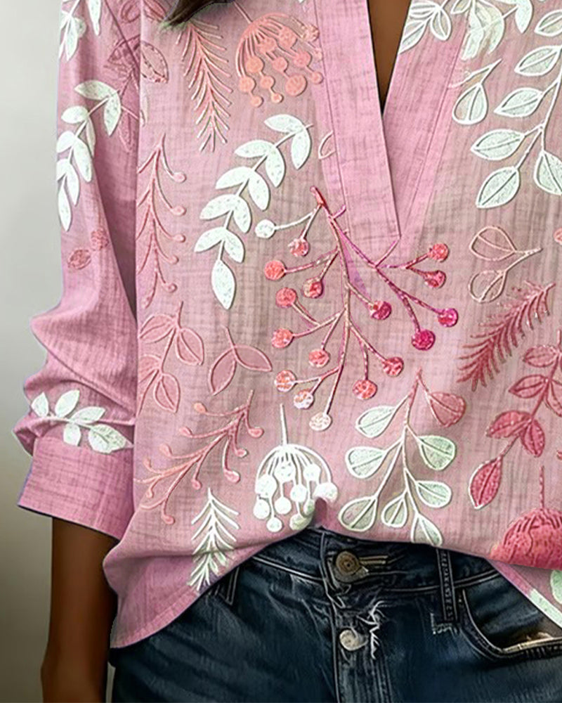 Blusa floral de tacto suave para mujer con escote en V