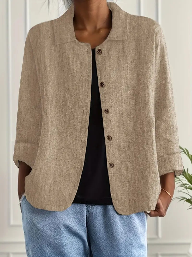 Women's linen-look button front overshirt in khaki