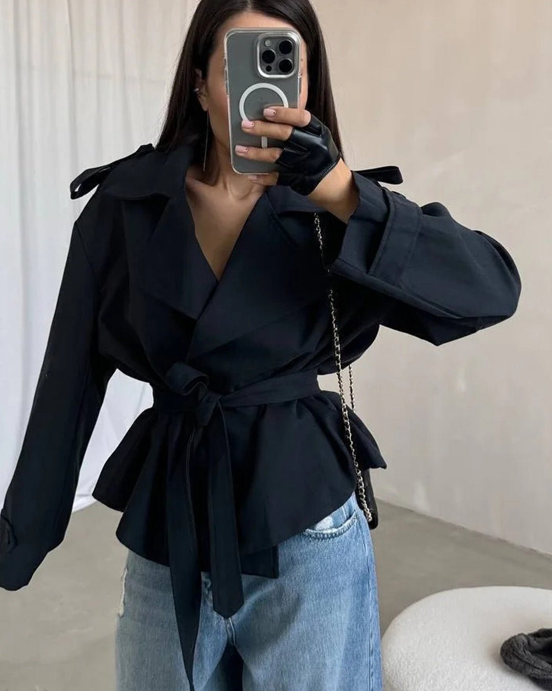 Eliza - Women's Cropped Trench Coat with Tie Belt - photo 8