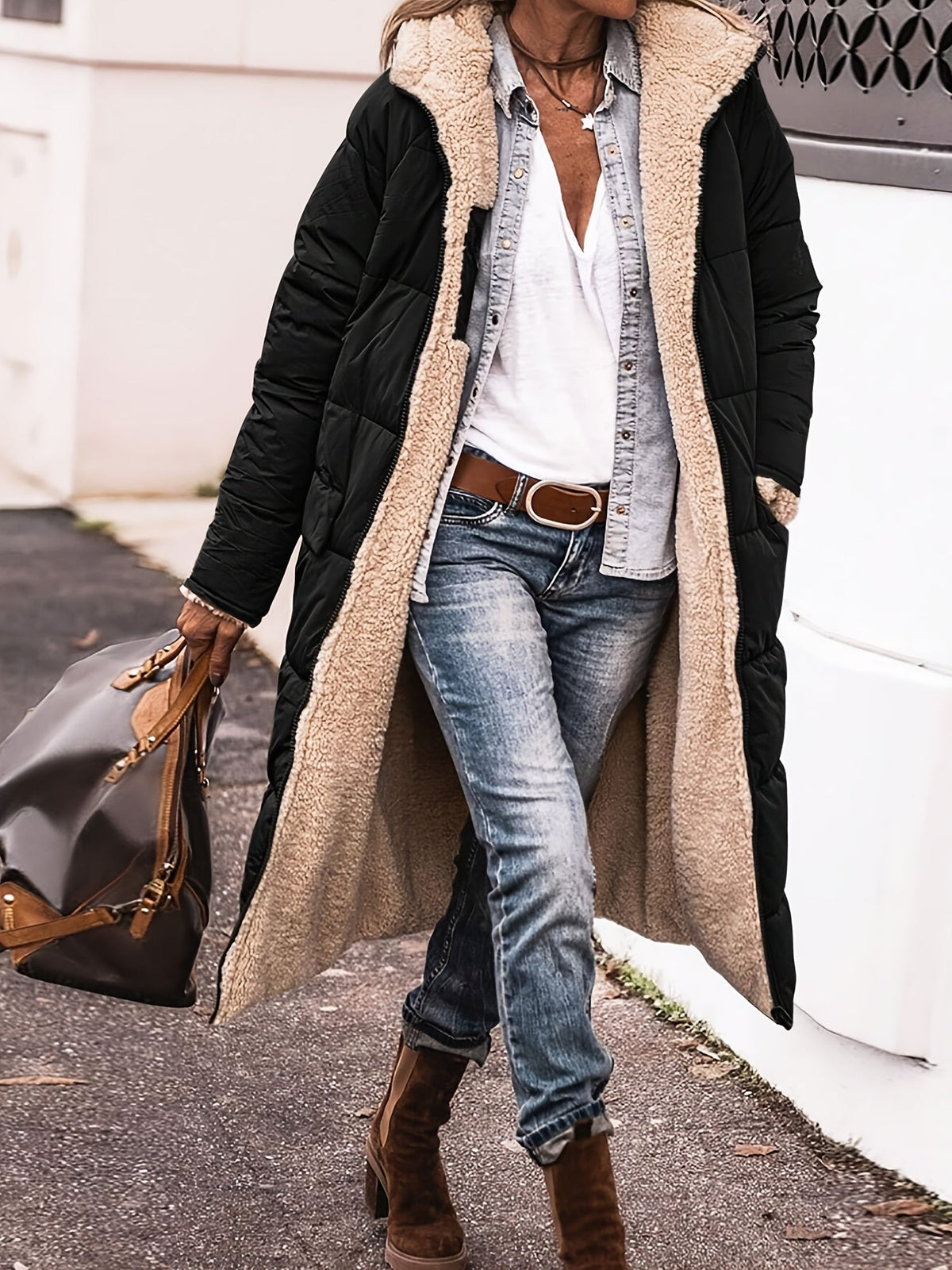 Ellena - Women's Long Open Coat with Teddy Lining in Black