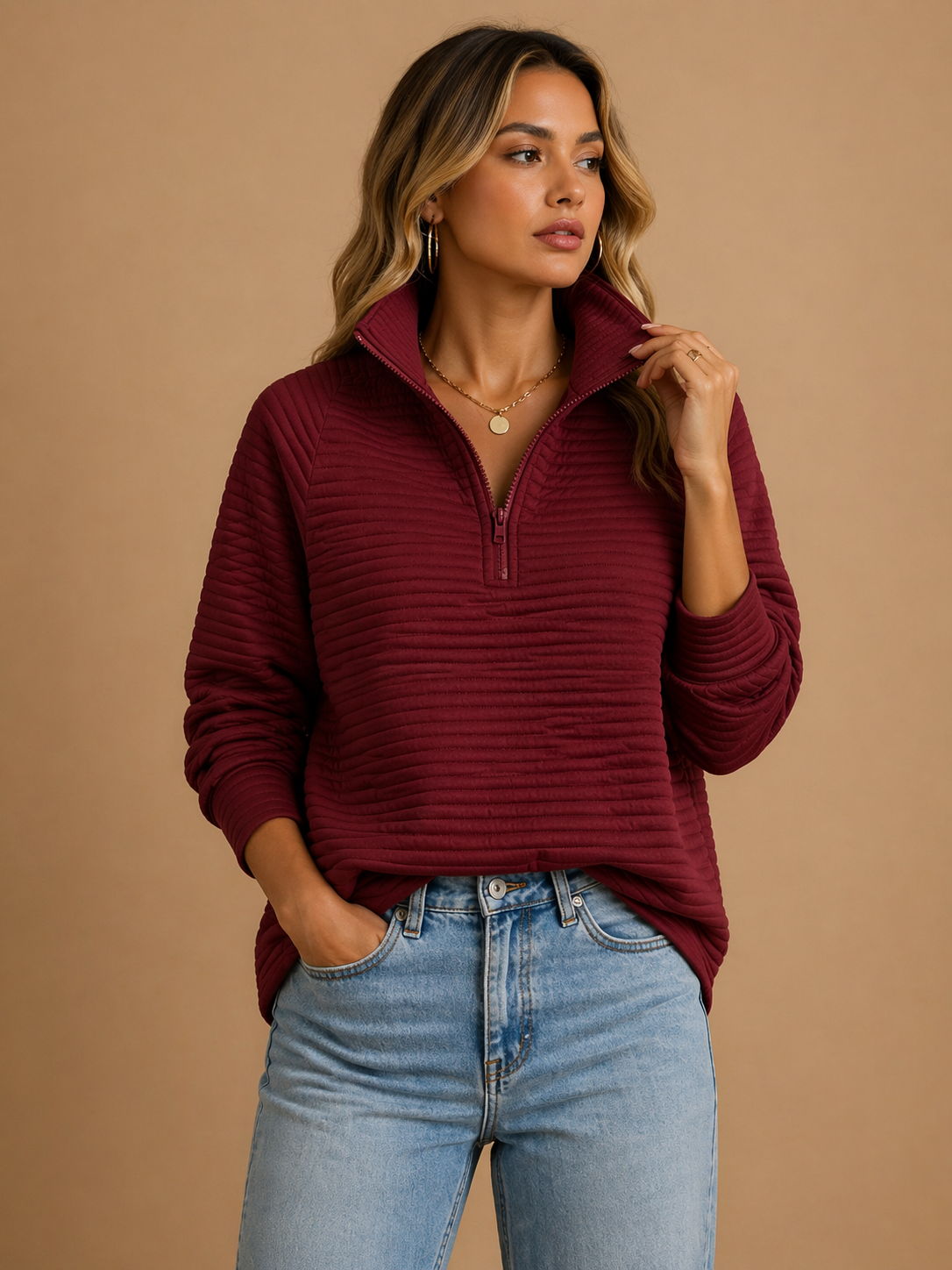 Elspeth - Women's Jumper in Ribbed Knit with Zip Front - photo 3