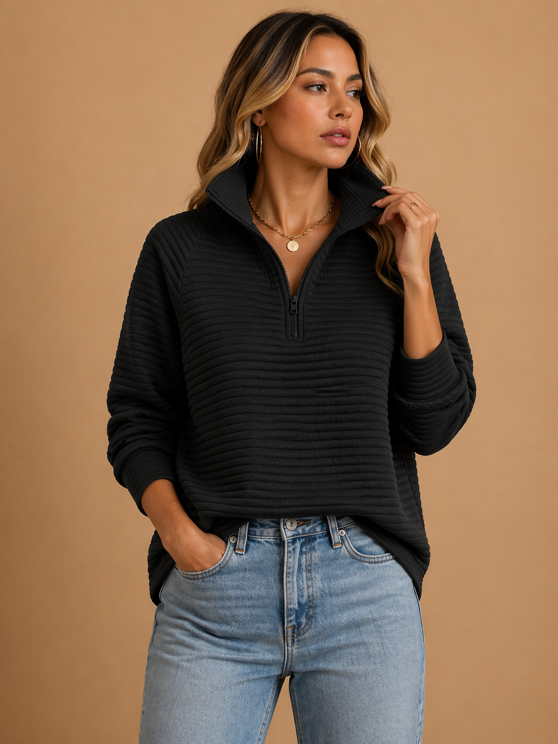 Elspeth - Women's Jumper in Ribbed Knit with Zip Front - photo 4