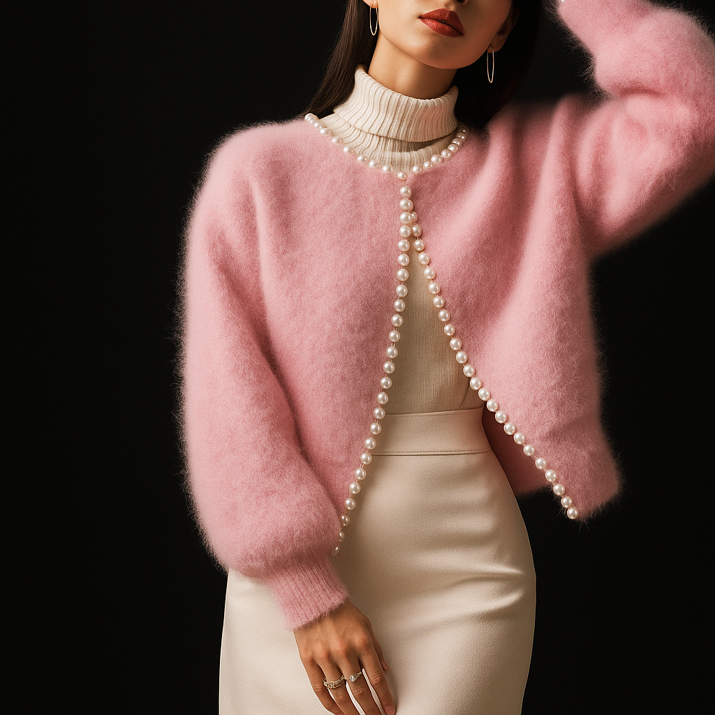 Emberly - Women's Cardigan in Knit with Open Front and Pearl Trim - photo 2