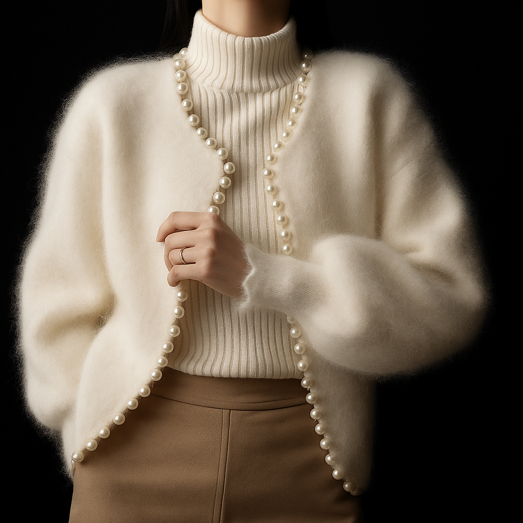 Emberly - Women's Cardigan in Knit with Open Front and Pearl Trim - photo 4