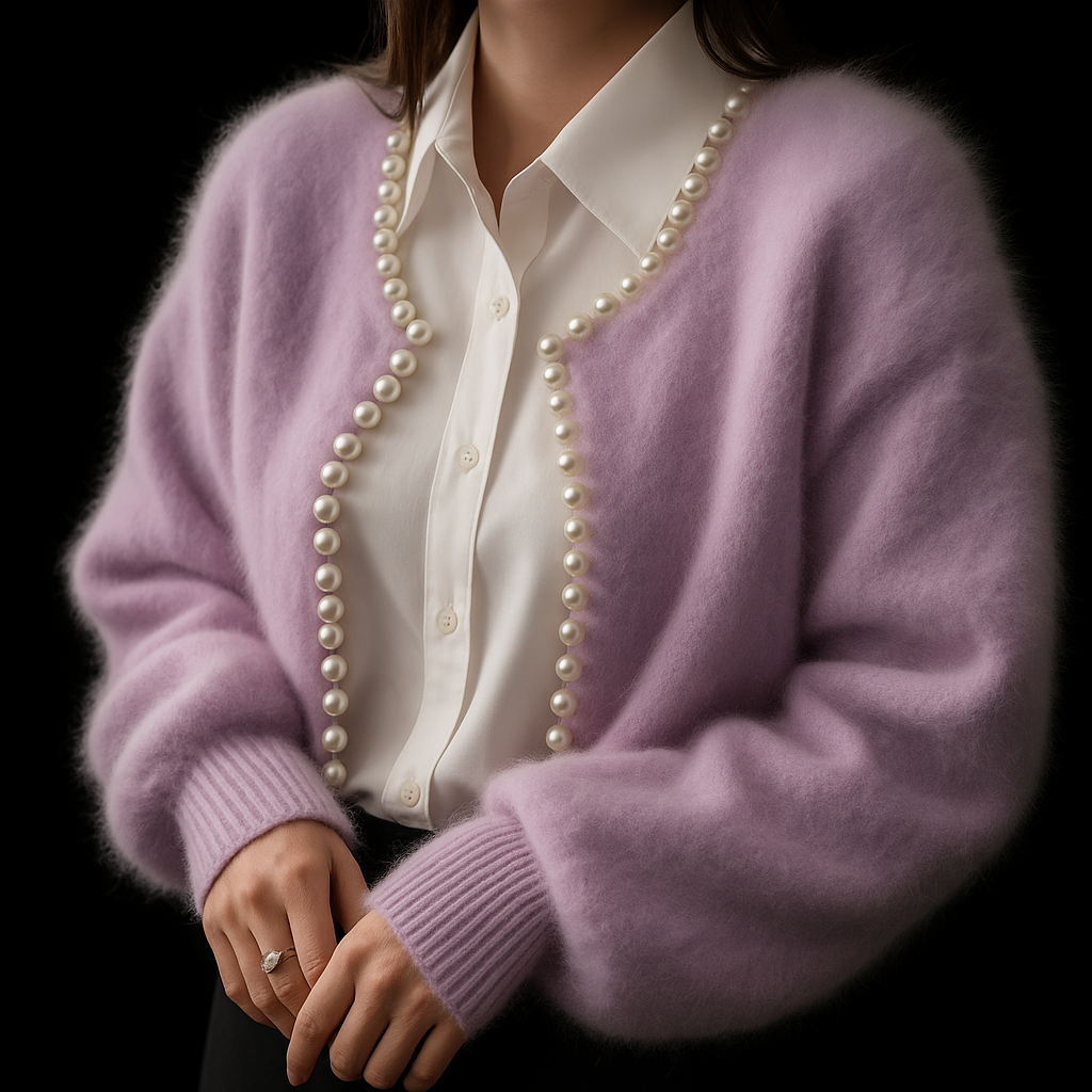 Emberly - Women's Cardigan in Knit with Open Front and Pearl Trim - photo 5