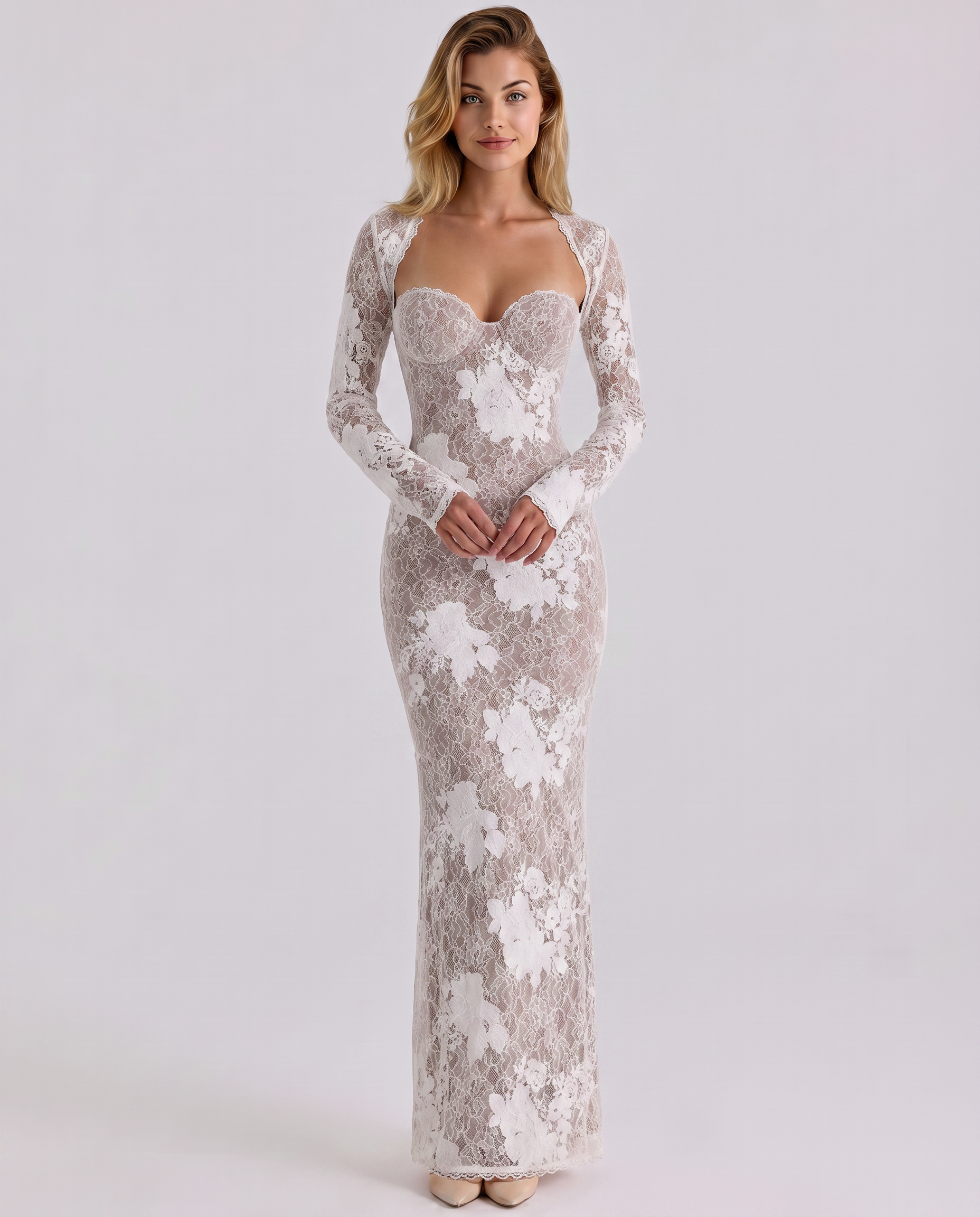 Etta-Rose - Women's Maxi Dress in Lace Trim with Long Sleeves - photo 14