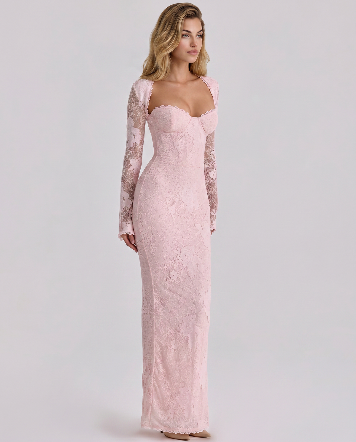 Etta-Rose - Women's Maxi Dress in Lace Trim with Long Sleeves - photo 8