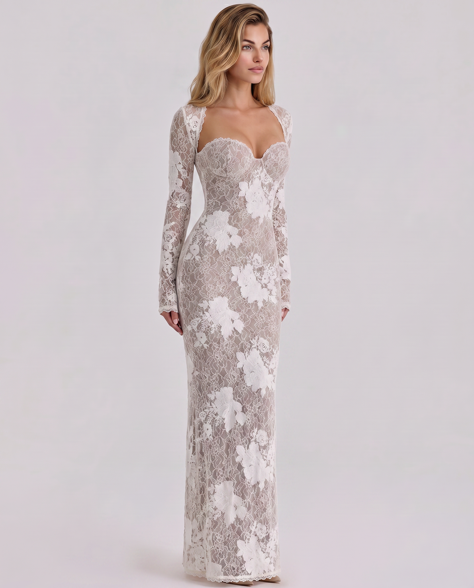 Etta-Rose - Women's Maxi Dress in Lace Trim with Long Sleeves - photo 9