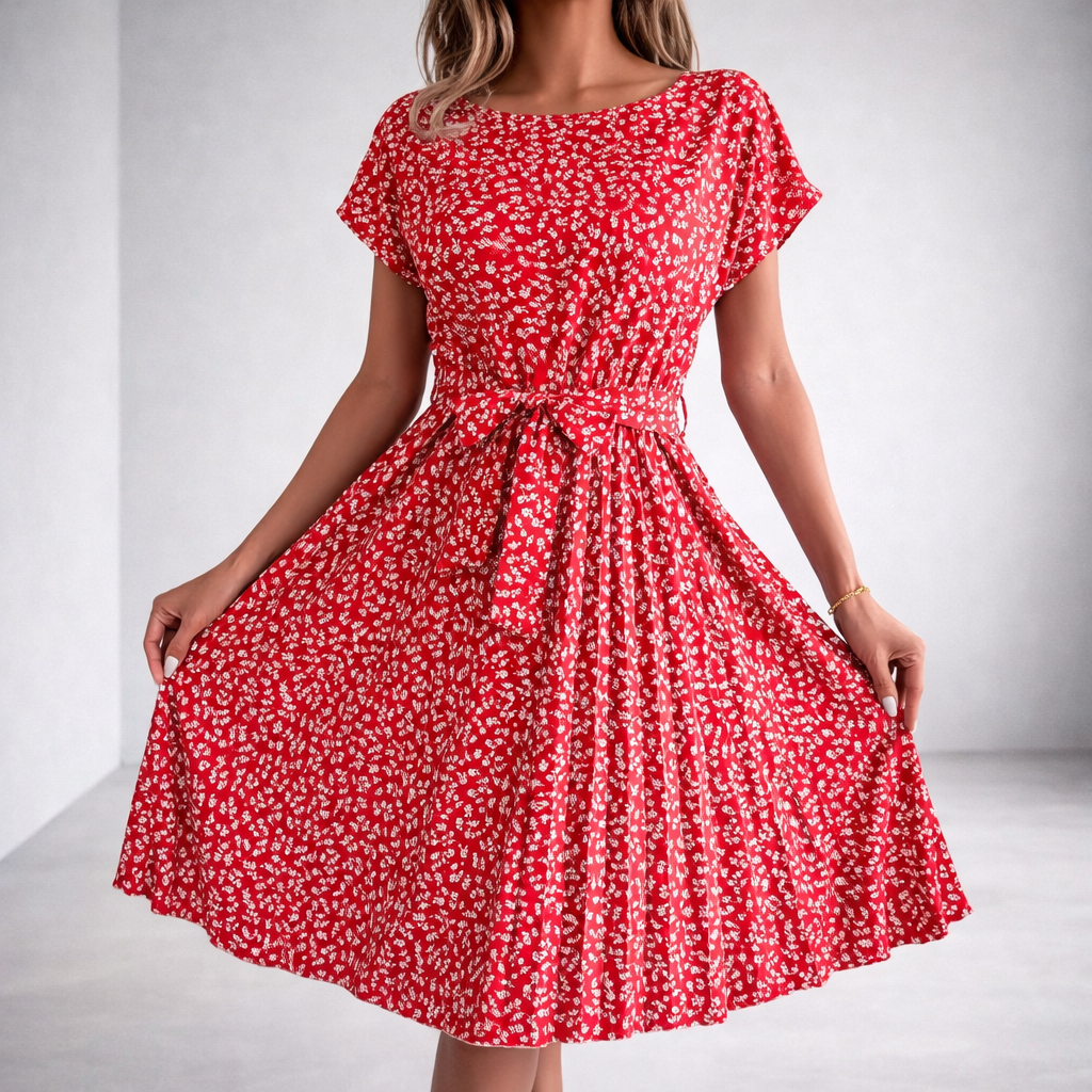 Eveline - Women's Ditsy Print Pleated Dress with Tie Belt in Red