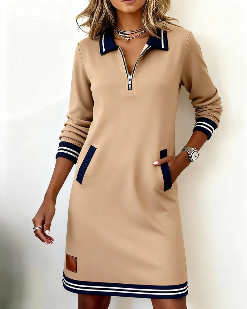 Women's Quarter Zip Midi Dress Striped Trim – Beige