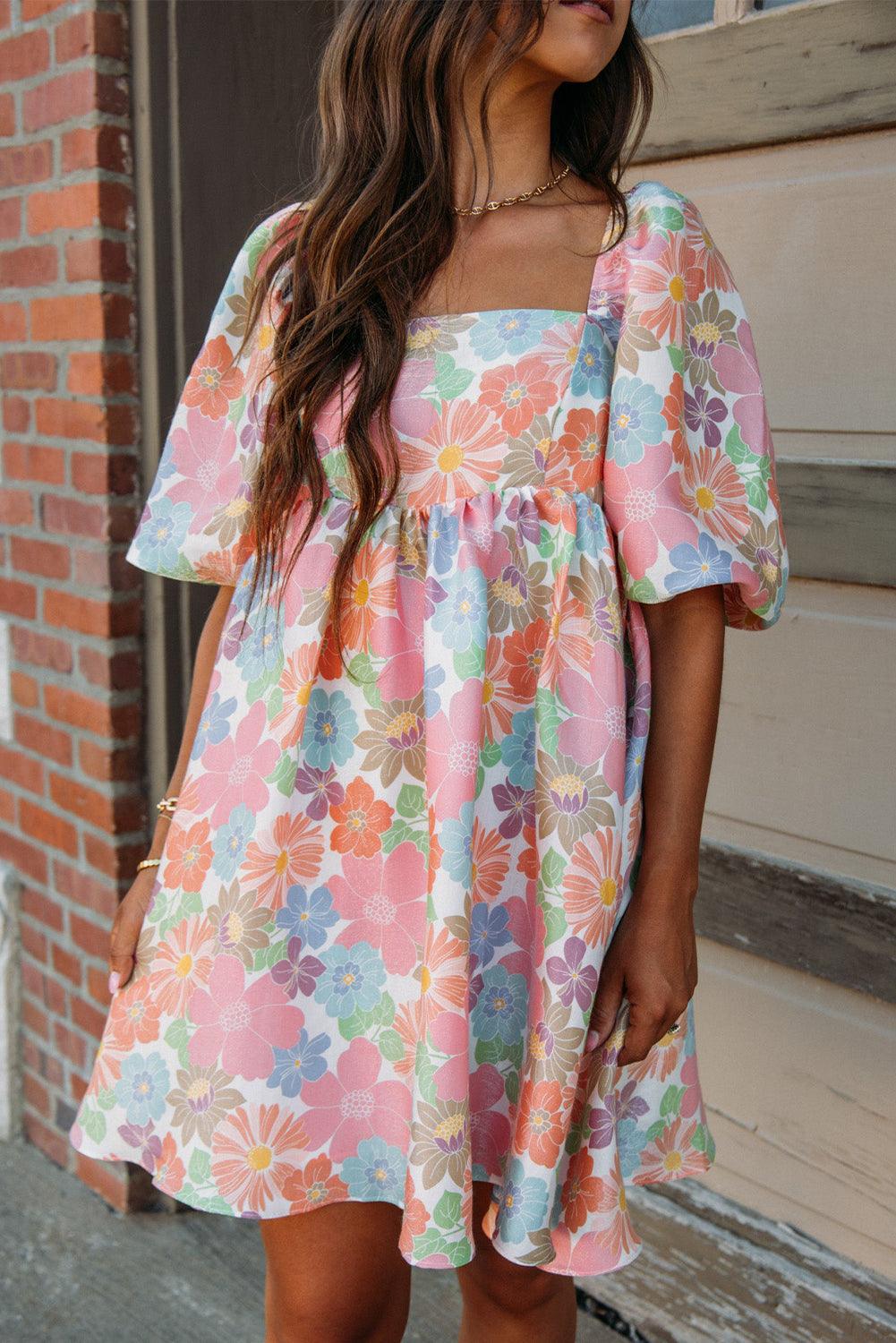 Nina - Women's Floral Puff Sleeve Square Neck Babydoll Dress