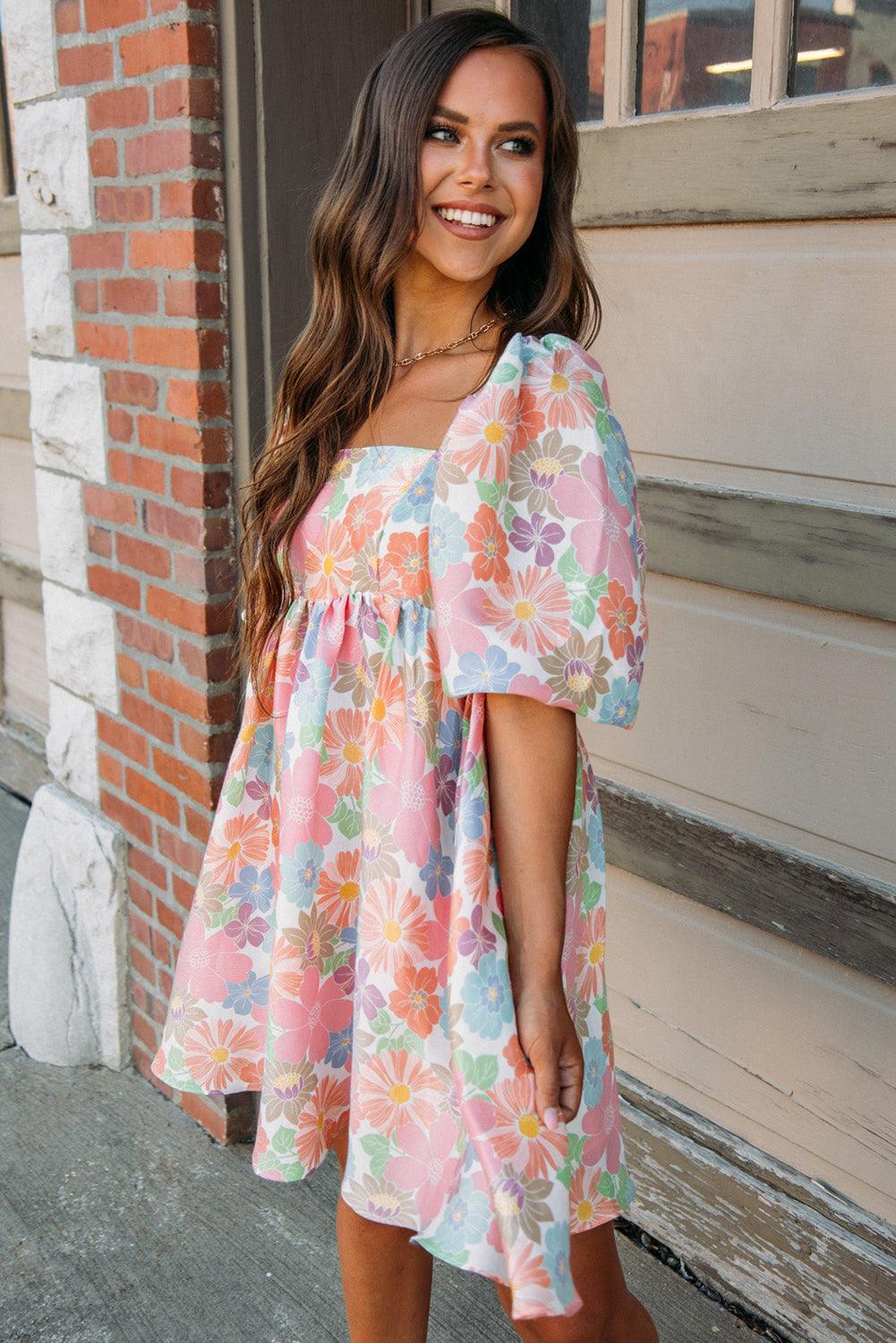 Nina - Women's Floral Puff Sleeve Square Neck Babydoll Dress - photo 4
