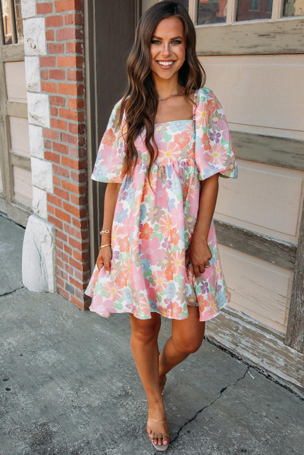 Nina - Women's Floral Puff Sleeve Square Neck Babydoll Dress