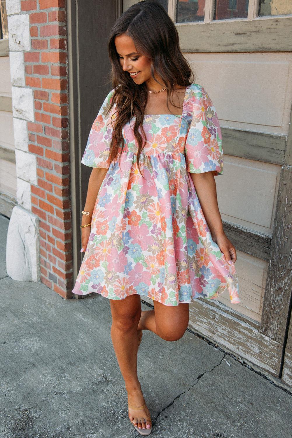 Nina - Women's Floral Puff Sleeve Square Neck Babydoll Dress - photo 6