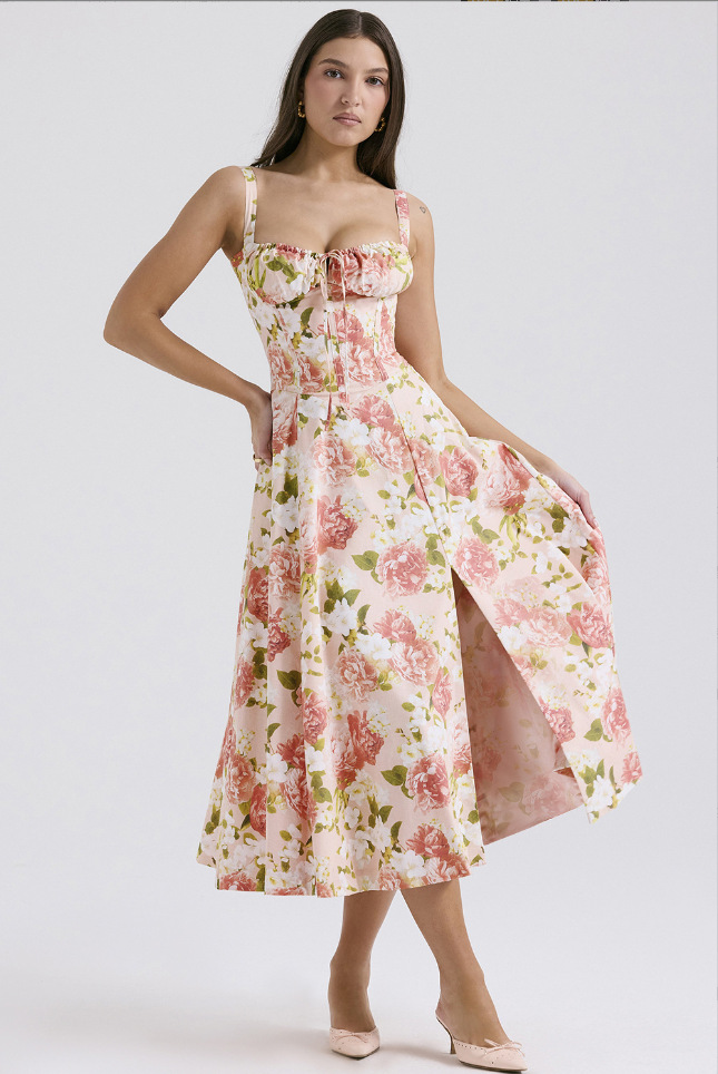 Floral sweetheart midi dress in Pink