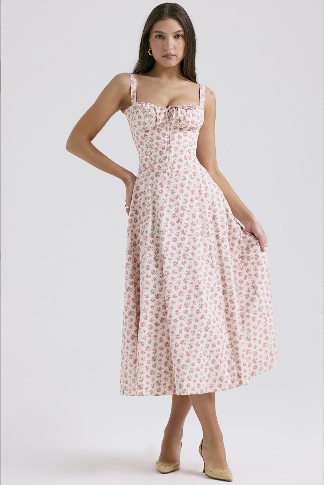 Floral sweetheart midi dress in White