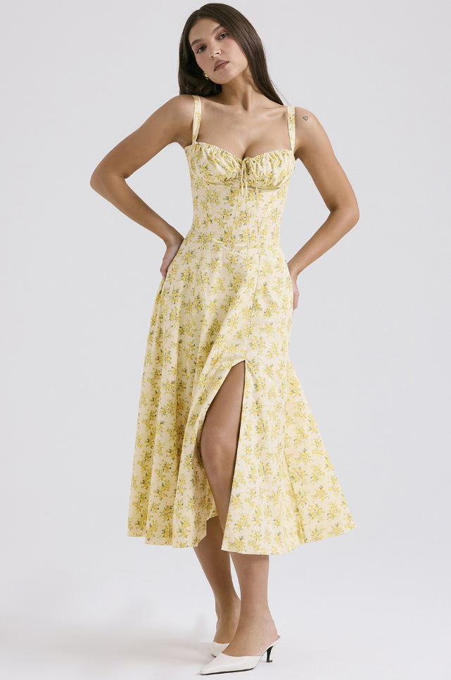 Floral sweetheart midi dress in Yellow