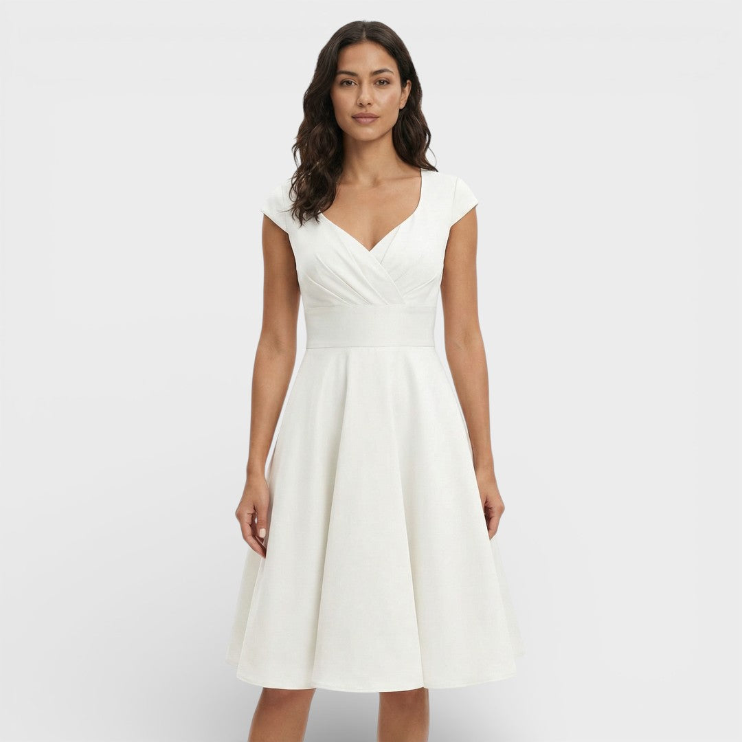 Women's Short Sleeve V Neck Pleated Midi Dress