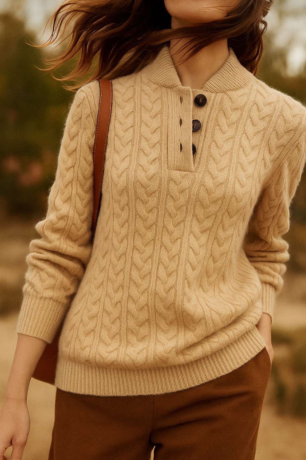Georgette - Women's Jumper in Cable Knit with Button Front - photo 3