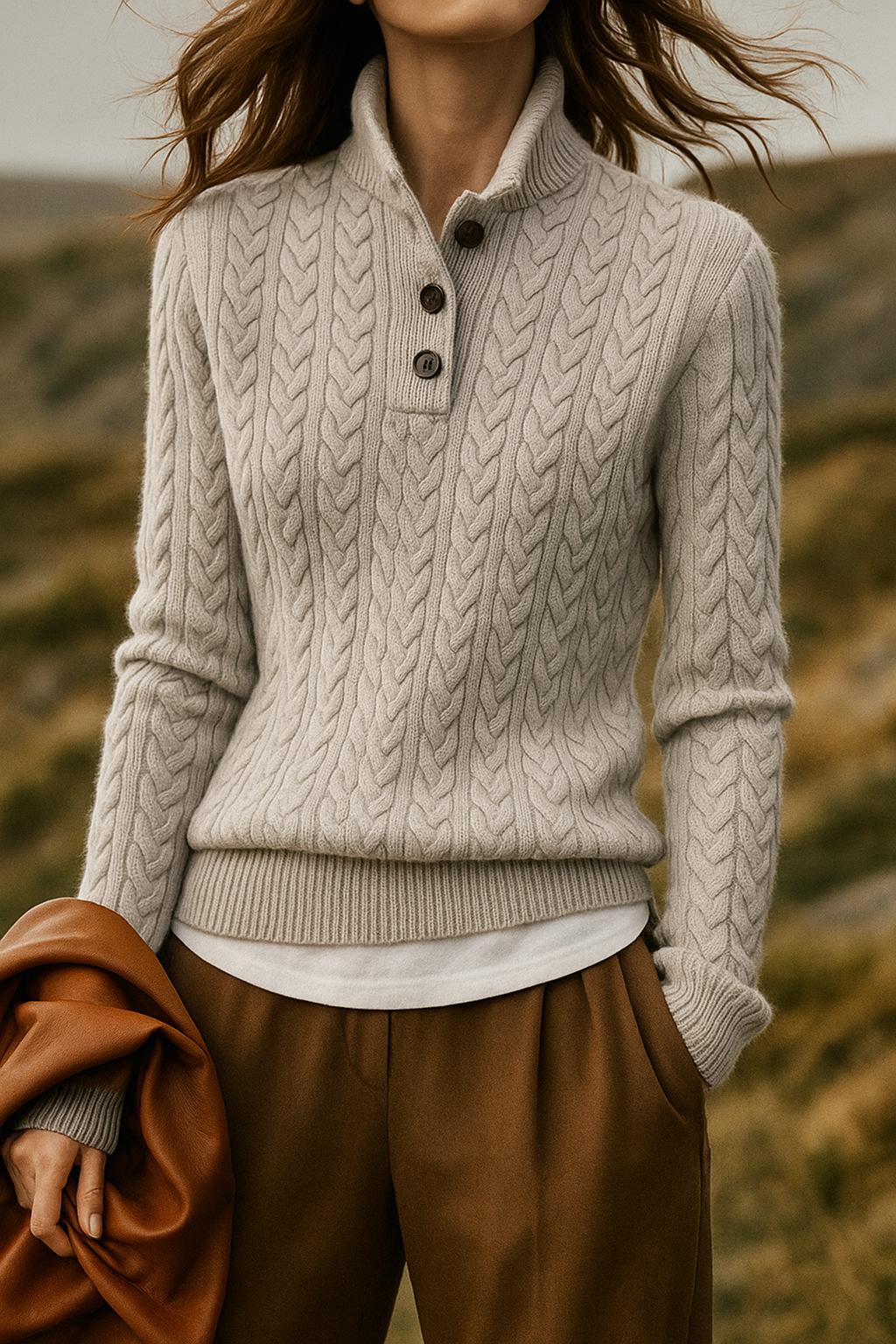 Georgette - Women's Jumper in Cable Knit with Button Front - photo 4