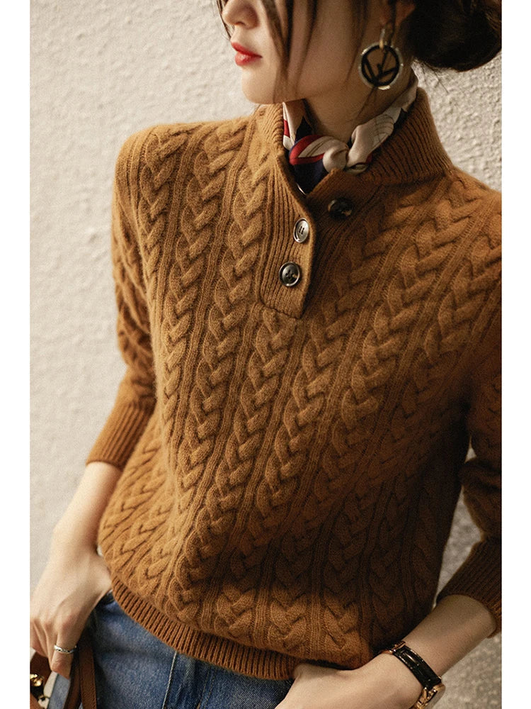 Georgette - Women's Jumper in Cable Knit with Button Front - photo 6