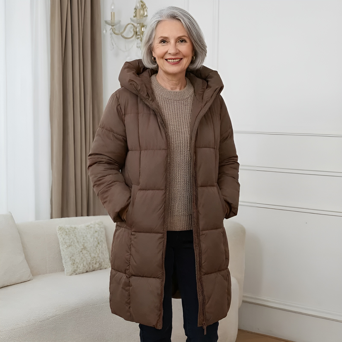 Hanneke - Women's Long Padded Coat with Hood in Chocolate