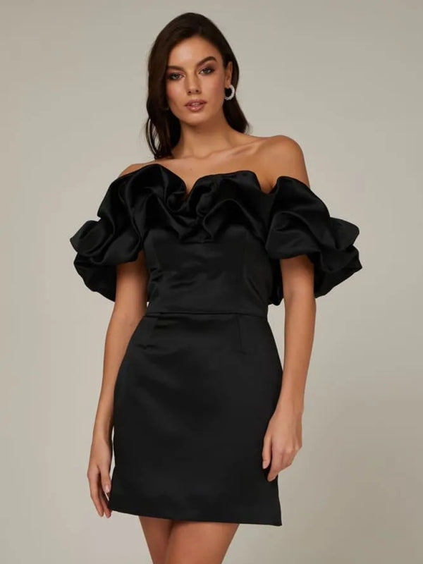 Helena - Women's Ruffled Neckline Off-Shoulder Mini Dress with Fitted Silhouette - photo 16